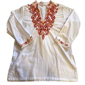 Barbara Gerwit Boho Beach White Long Sleeve Tunic Bright Pink Embroidery Medium